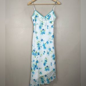 Vintage Floral White & Blue Mesh Midi Dress